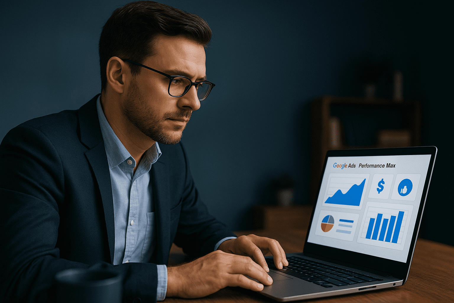 Mann im Business-Outfit analysiert Performance Max Kampagnen auf Laptop – Google Ads für E-Commerce 2025