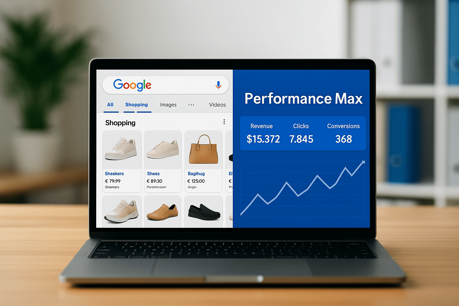 Laptop mit Google Shopping Ads und Performance Max Dashboard für Umsatzsteigerung 2025