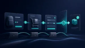 Checkout-Pfad mit Produktseite, Warenkorb und Vertrauenselementen als Symbol für bessere Conversion Rate