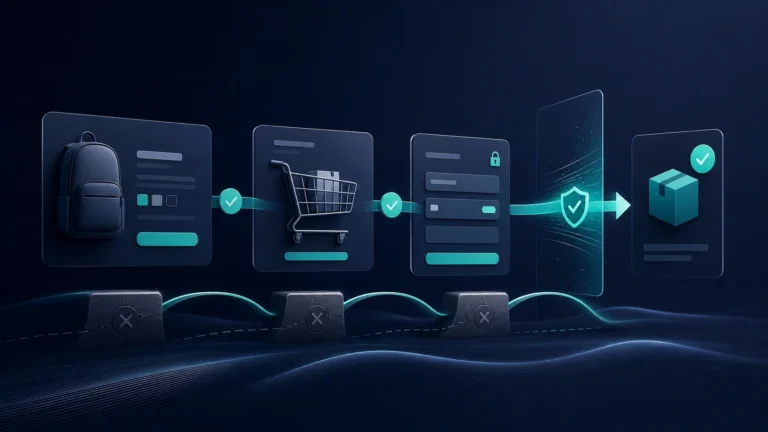 Checkout-Pfad mit Produktseite, Warenkorb und Vertrauenselementen als Symbol für bessere Conversion Rate