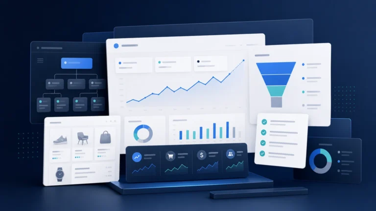 Dashboard mit Kampagnenstruktur, ROAS und Optimierungs-Checkliste als Symbol für Google Ads Best Practices 2025