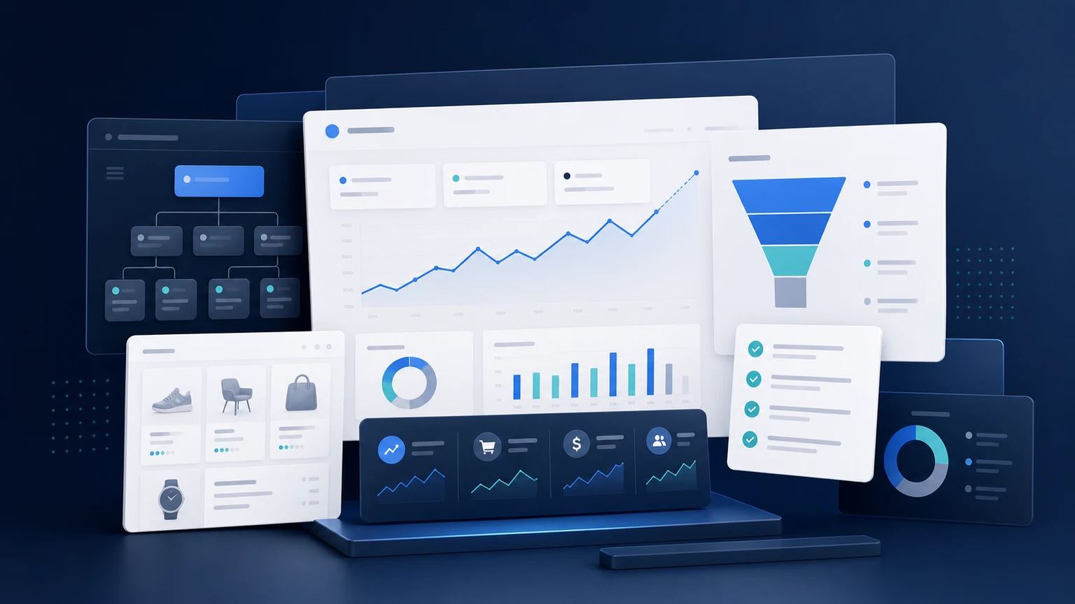 Dashboard mit Kampagnenstruktur, ROAS und Optimierungs-Checkliste als Symbol für Google Ads Best Practices 2025