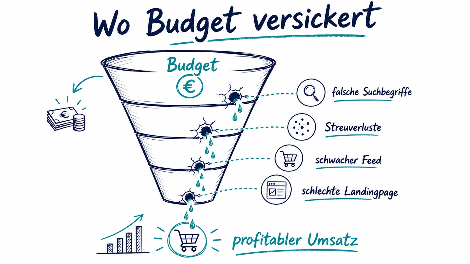 Schaubild als Budget-Funnel mit typischen Lecks bei Google Ads: falsche Suchbegriffe, Streuverluste, schwacher Feed und schlechte Landingpage