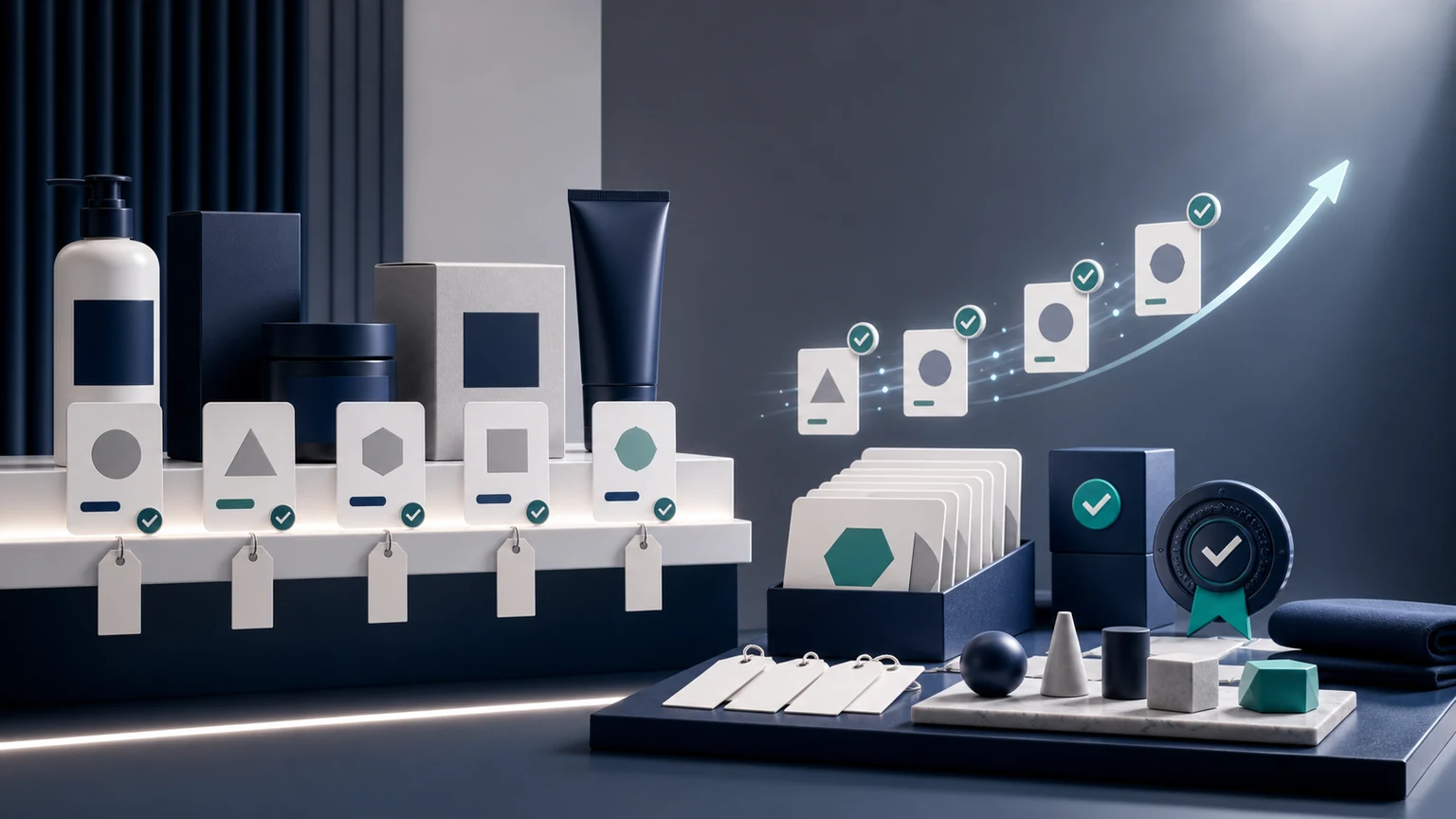 Produktfeed-Qualitätsstation mit Produktkarten als Symbol für die Optimierung von Google Shopping Ads