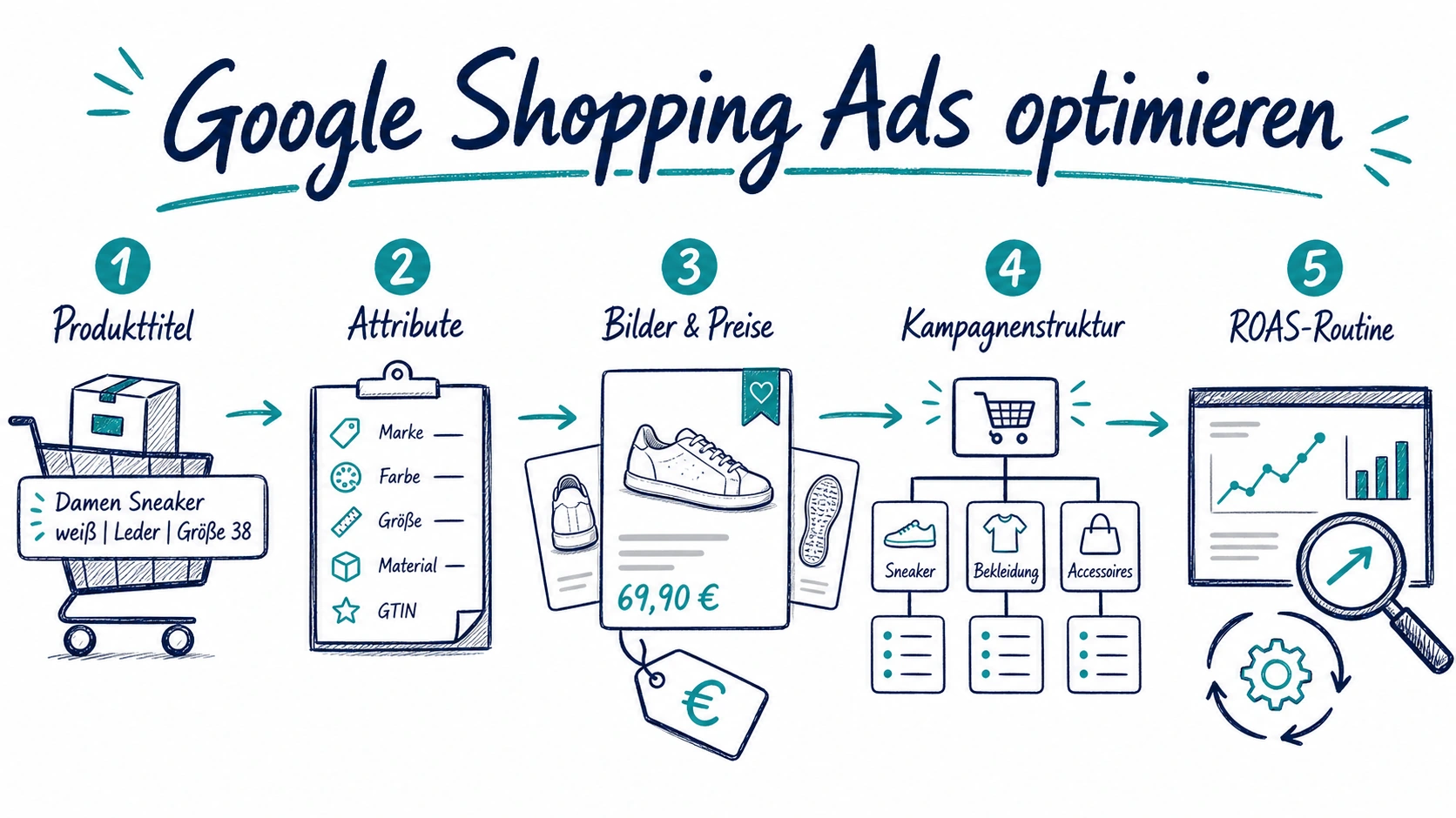 Schaubild mit fünf Schritten zur Optimierung von Google Shopping Ads: Produkttitel, Attribute, Bilder und Preise, Kampagnenstruktur und ROAS-Routine