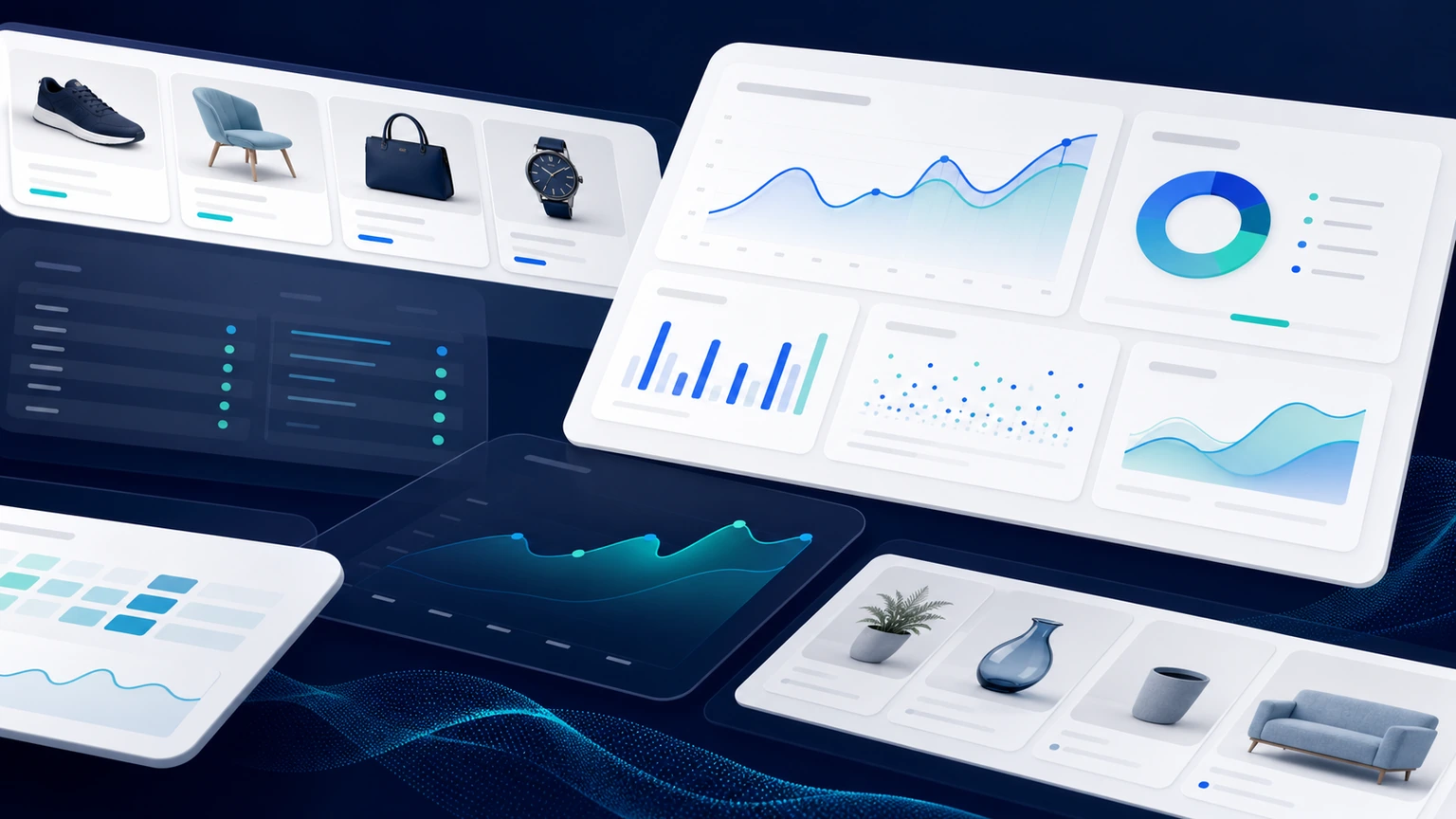 E-Commerce-Dashboard mit Produktkarten und Wachstumskurven als Symbol für Google Shopping und Performance Max