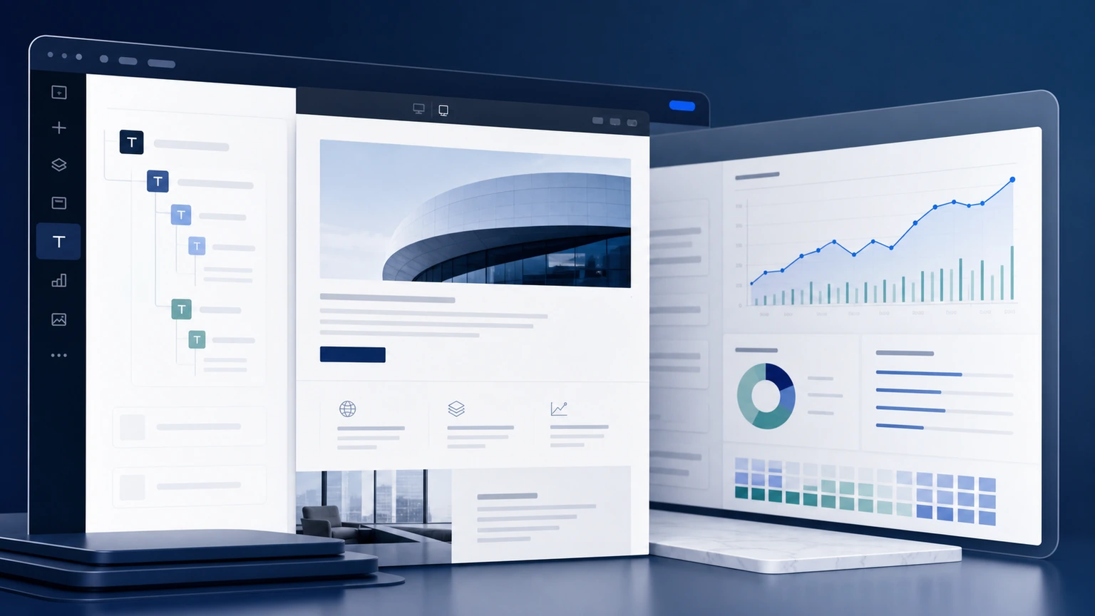 Webseiten-Editor mit strukturierter Inhalts-Hierarchie und Analytics als Symbol für H-Struktur in SEO