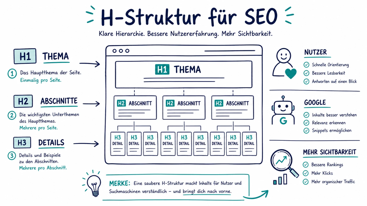 Schaubild zur H-Struktur für SEO mit H1 als Thema, H2 als Abschnitte und H3 als Details für Nutzer und Google