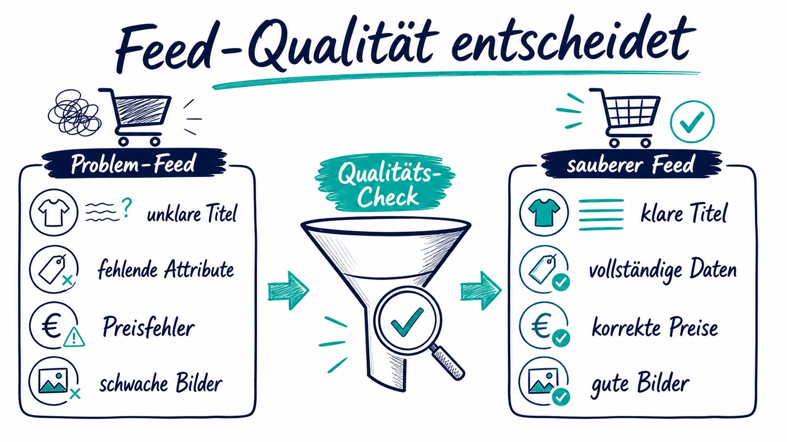 Schaubild zur Merchant-Center-Feedqualität: Problem-Feed, Qualitätscheck und sauberer Feed im Vergleich