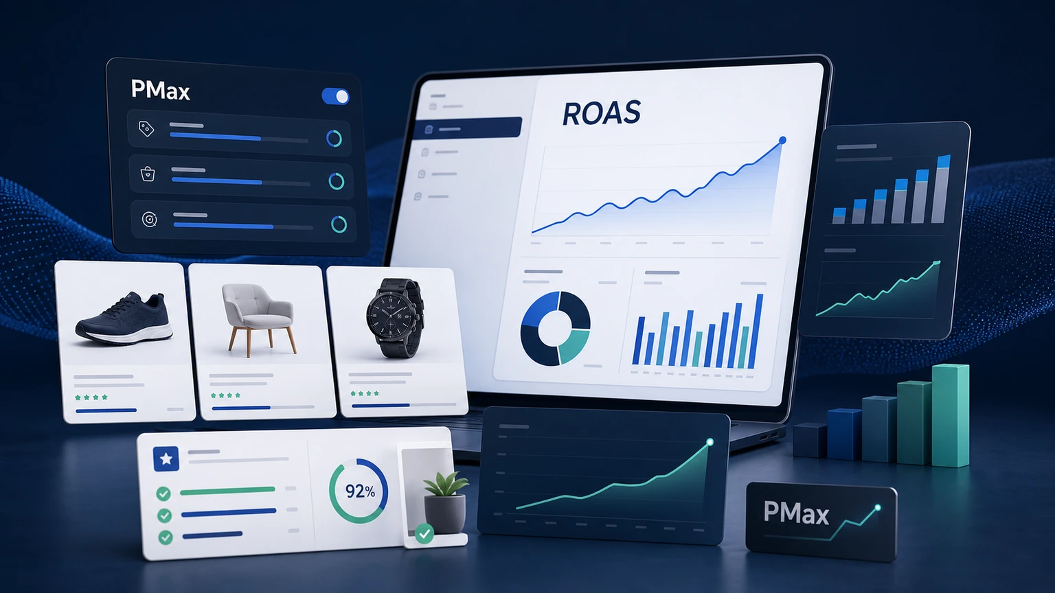 E-Commerce-Dashboard mit PMax, ROAS-Kurve und Produktkarten als Symbol für Performance Max 2025