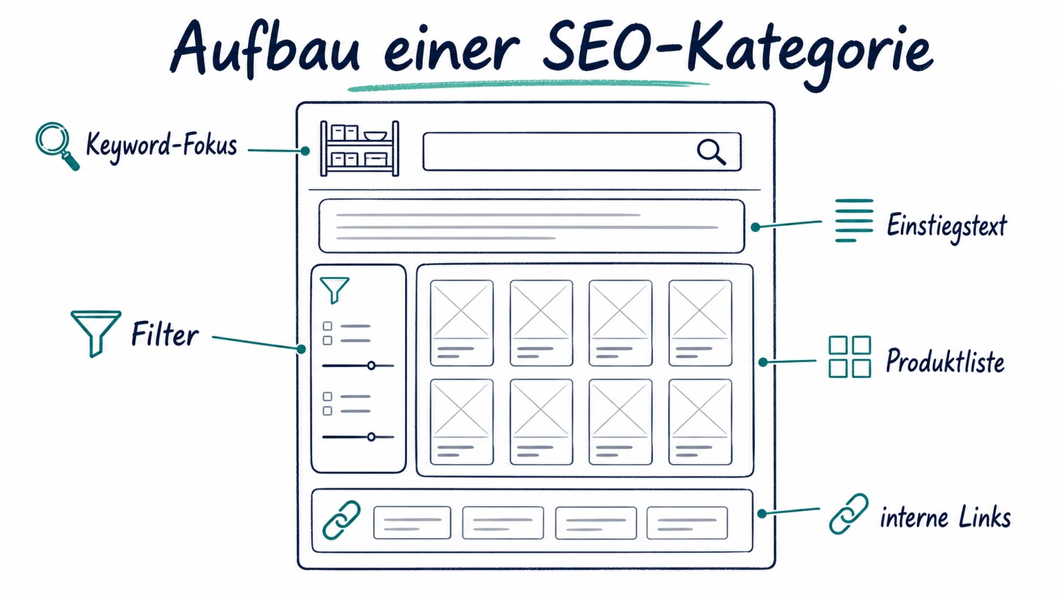 Schaubild zum Aufbau einer SEO-Kategorieseite mit Keyword-Fokus, Einstiegstext, Filter, Produktliste und internen Links