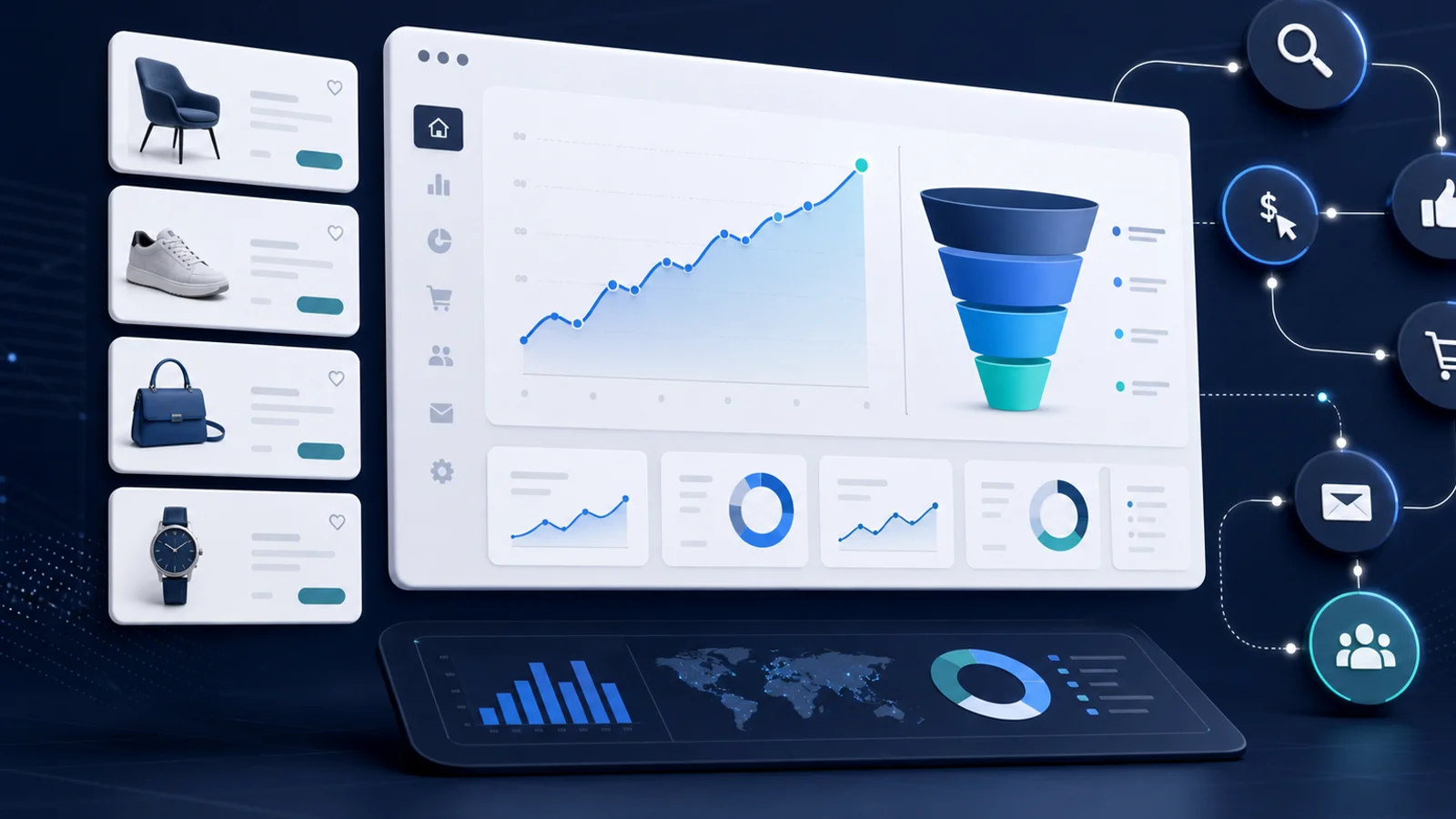 Dashboard mit Shop-Kennzahlen, Suche und Akquise-Kanälen als Symbol für SEO Optimierung für Onlineshops
