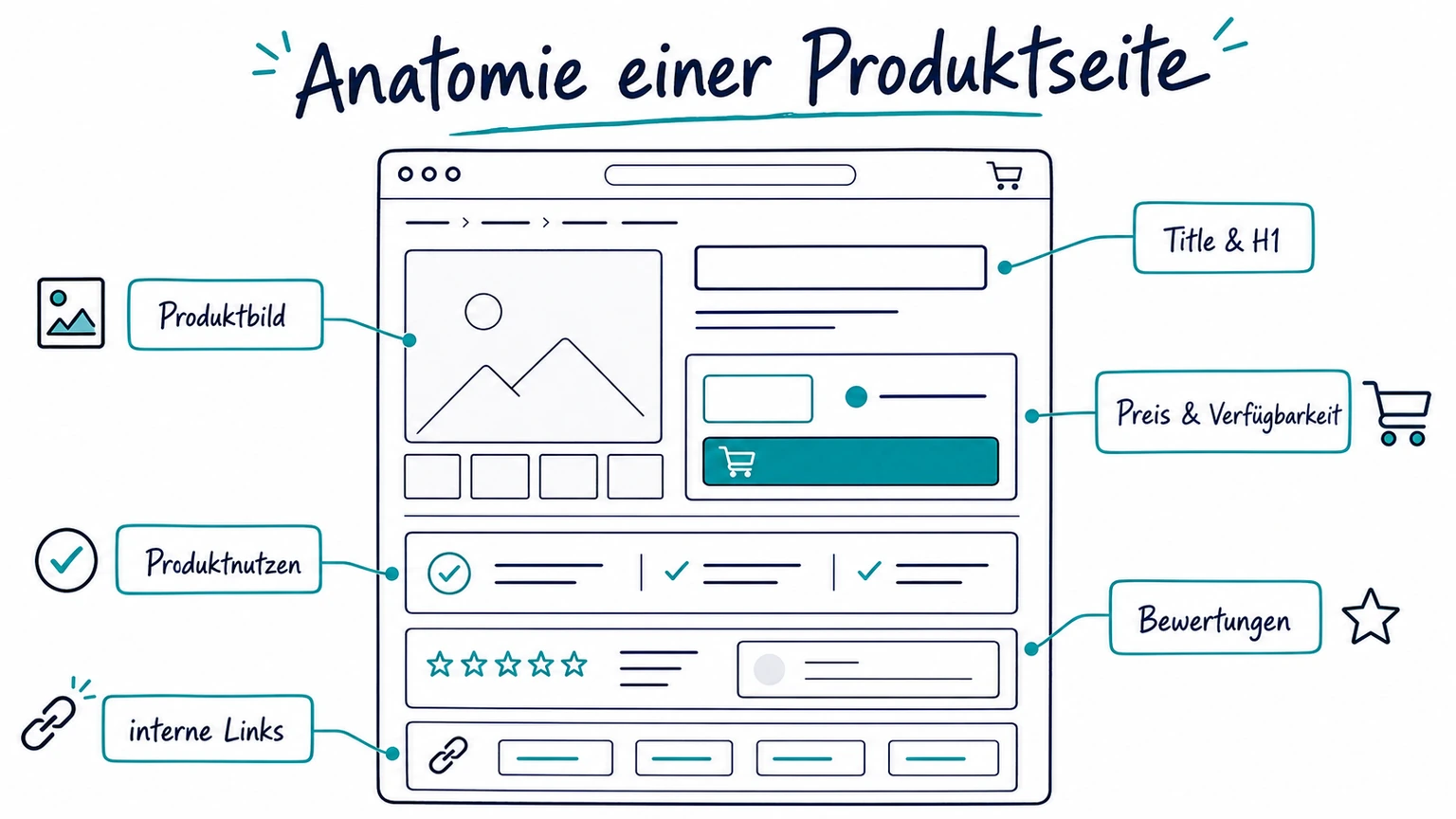 Schaubild zur Anatomie einer SEO-starken Produktseite mit Produktbild, Title und H1, Preis und Verfügbarkeit, Produktnutzen, Bewertungen und internen Links