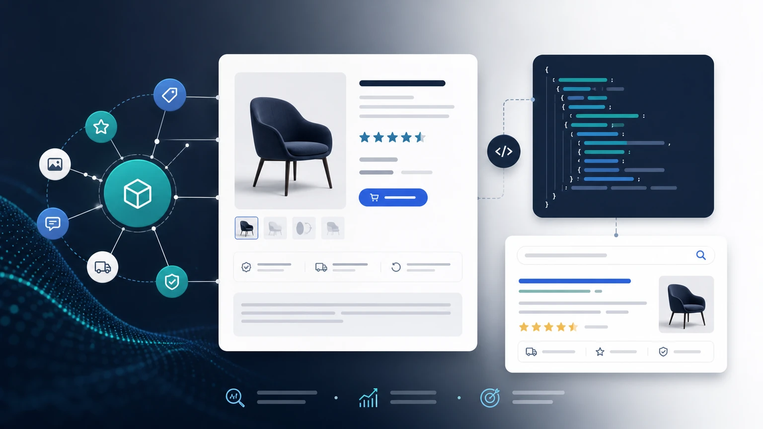 Produktseite mit strukturierten Daten und Rich-Result-Vorschau als Symbol für Structured Data im Onlineshop
