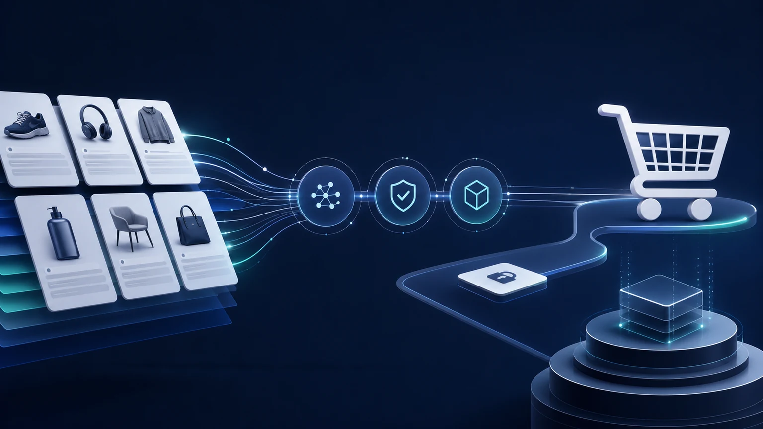 Produktdaten und Checkout-Signalfluss als Symbol für Agentic Commerce und UCP