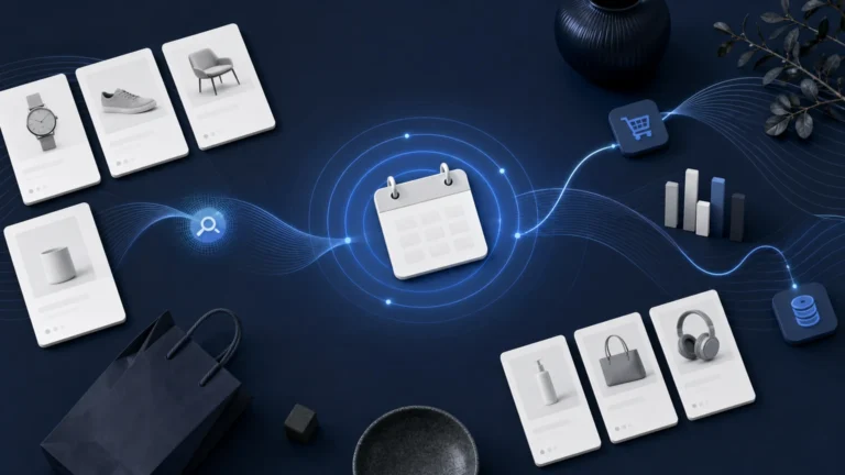 Abstrakte Produktkarten und AI-Signale als Symbol für Google Marketing Live 2026 für Onlineshops