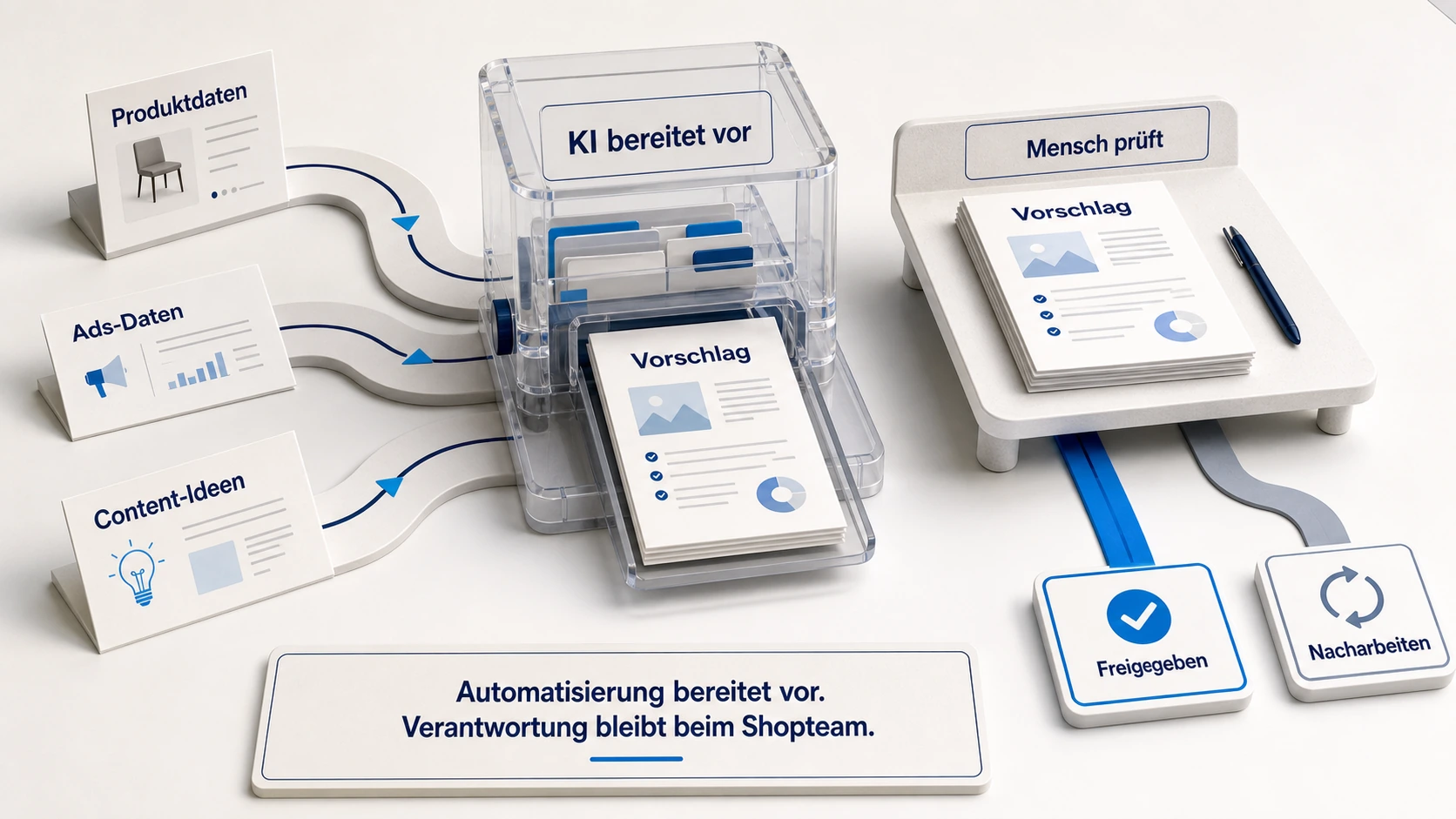 Schaubild zur KI-gestützten Marketingroutine: Produktdaten, Ads-Daten und Content-Ideen werden vorbereitet, vom Menschen geprüft und freigegeben oder nachgearbeitet