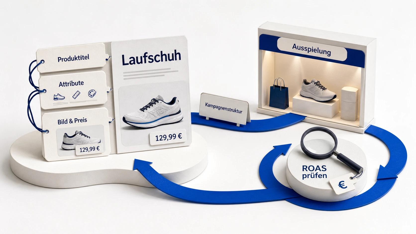 Schaubild zum Optimierungskreislauf für Google Shopping Ads: Produkttitel, Attribute sowie Bild und Preis ermöglichen Ausspielung; die ROAS-Prüfung führt zurück zur Produktbasis