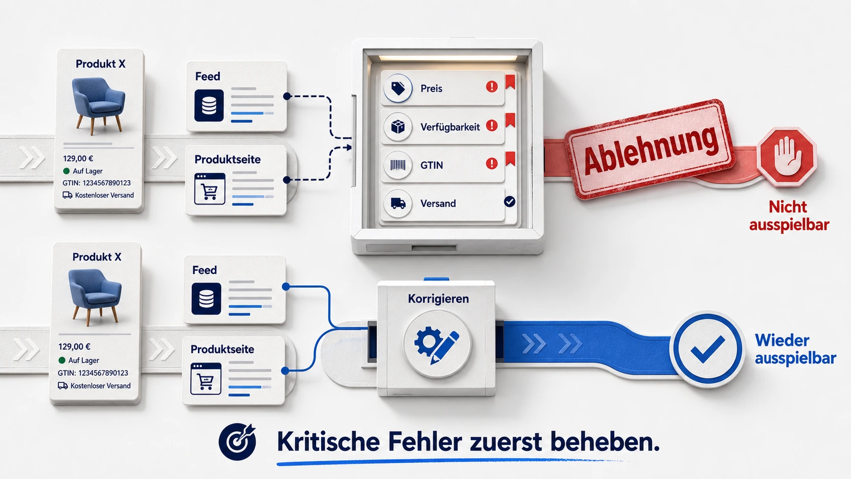 Schaubild zur Merchant-Center-Prüfung: Abgleich von Feed und Produktseite, kritische Fehler korrigieren und Auslieferung erneut prüfen
