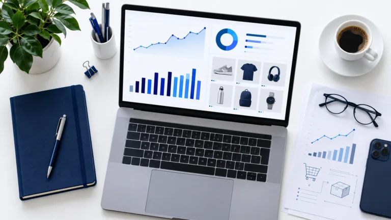Laptop mit Such- und Shop-Performance-Dashboard für AI-Max-Suchkampagnen im Onlineshop