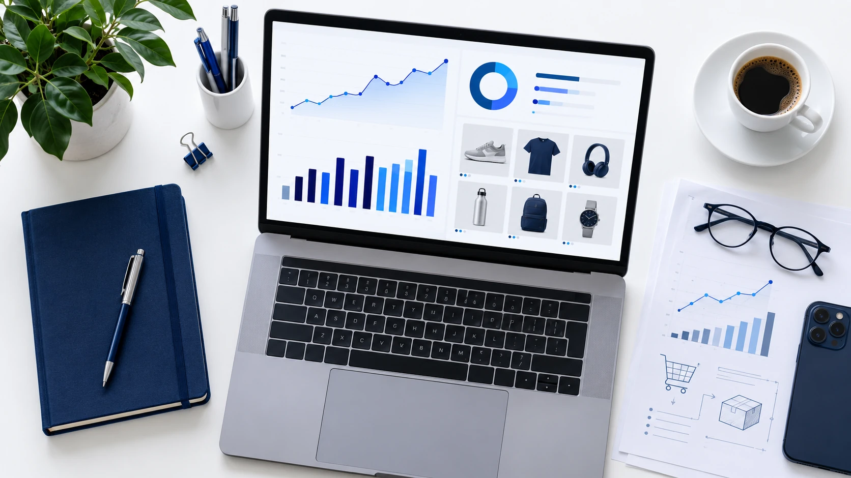 Laptop mit Such- und Shop-Performance-Dashboard für AI-Max-Suchkampagnen im Onlineshop