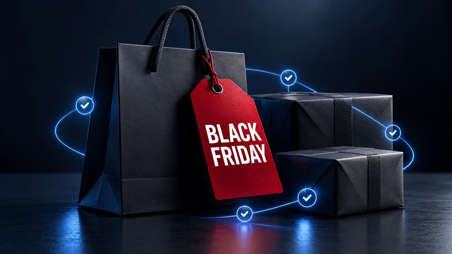 Schwarze Einkaufstasche und Produktpakete mit rotem Black-Friday-Tag sowie Kontrollsignalen für die Saisonvorbereitung im Onlineshop