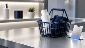 Navyfarbener Warenkorb mit ausgewählten Produkten und silbernem Gutschein als Symbol für die Einlösung von Merchant-Center-Angeboten im Checkout