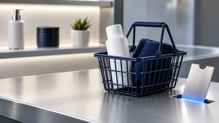 Navyfarbener Warenkorb mit ausgewählten Produkten und silbernem Gutschein als Symbol für die Einlösung von Merchant-Center-Angeboten im Checkout