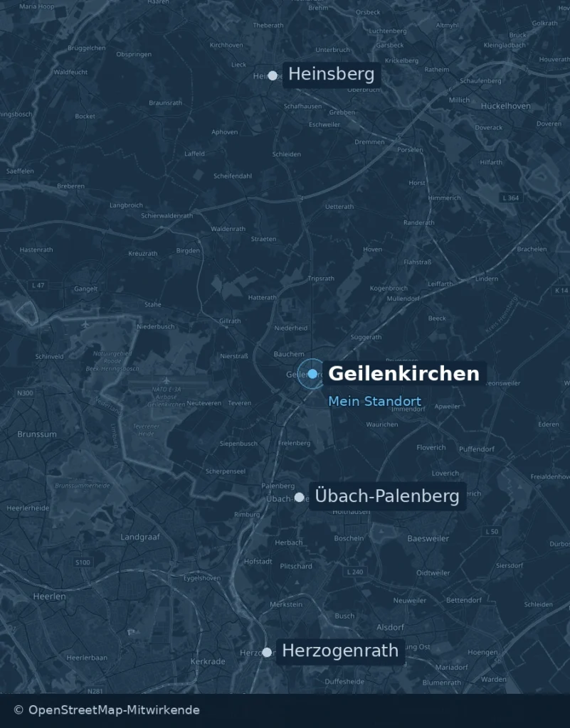Karte von Geilenkirchen und Umgebung mit Heinsberg, Übach-Palenberg und Herzogenrath. Geilenkirchen ist als Standort hervorgehoben.